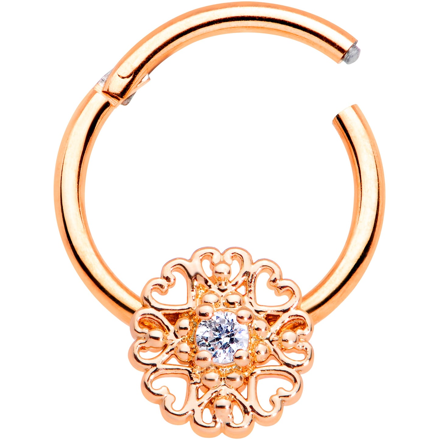 16G 3/8 Clear CZ Gem Rose Gold Tone Hearts Hinged Segment Ring