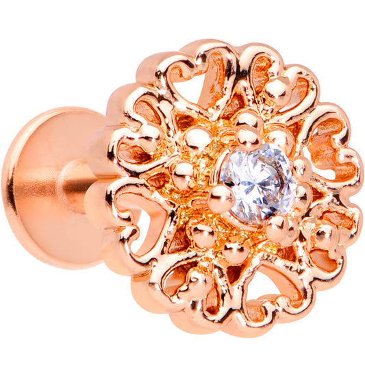 16G 1/4 Clear CZ Rose Gold Tone Hearts Labret Monroe Tragus