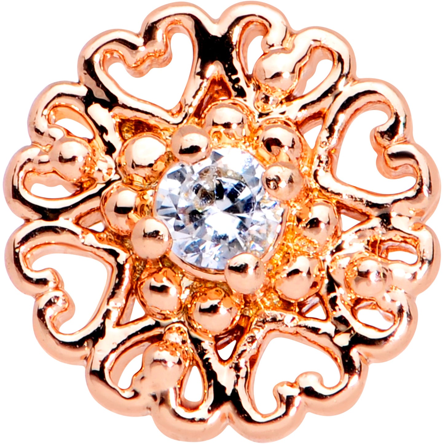 16G 1/4 Clear CZ Rose Gold Tone Hearts Labret Monroe Tragus