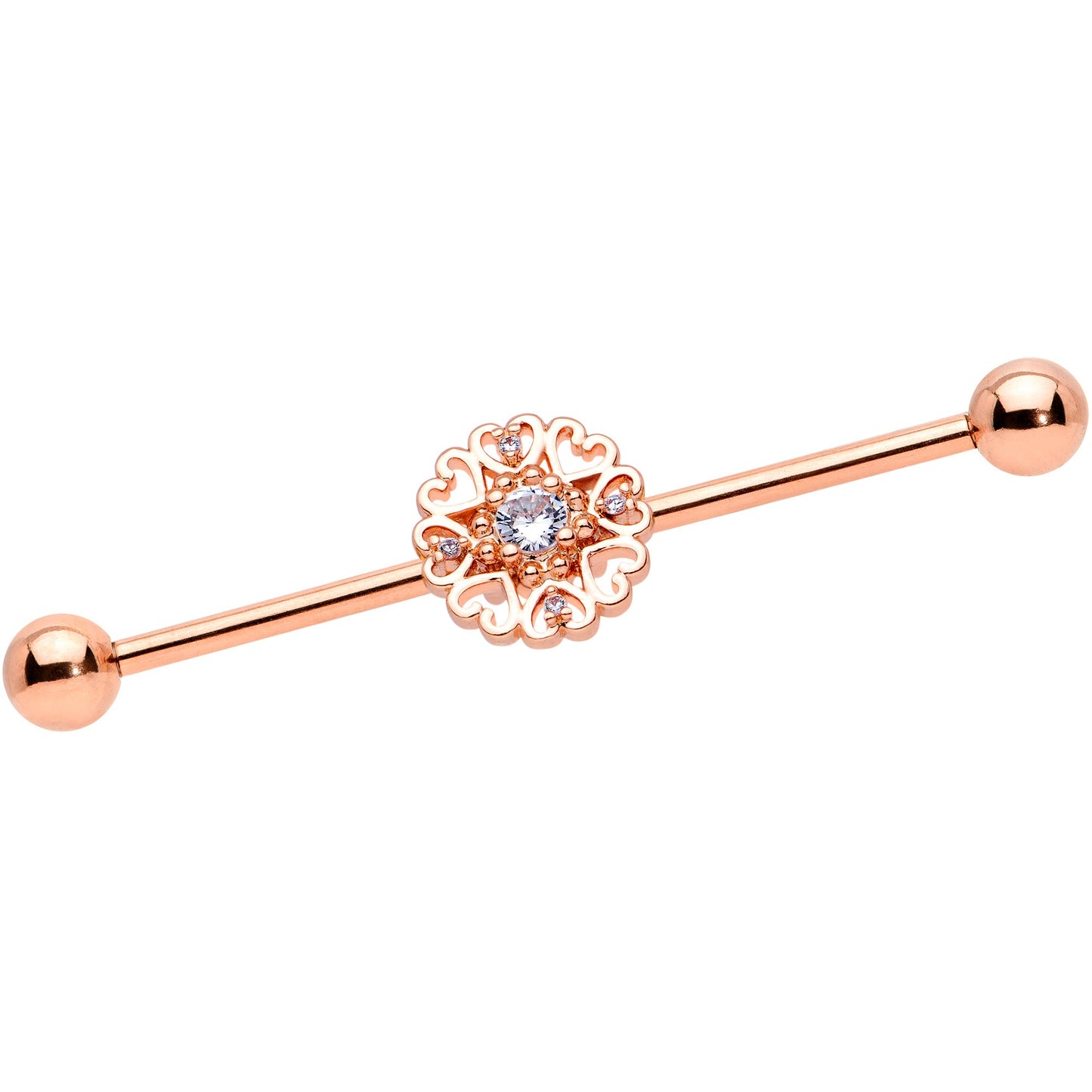 14G Clear CZ Gem Rose Gold Tone Hearts Industrial Barbell 38mm