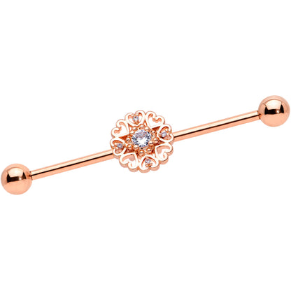 14G Clear CZ Gem Rose Gold Tone Hearts Industrial Barbell 38mm
