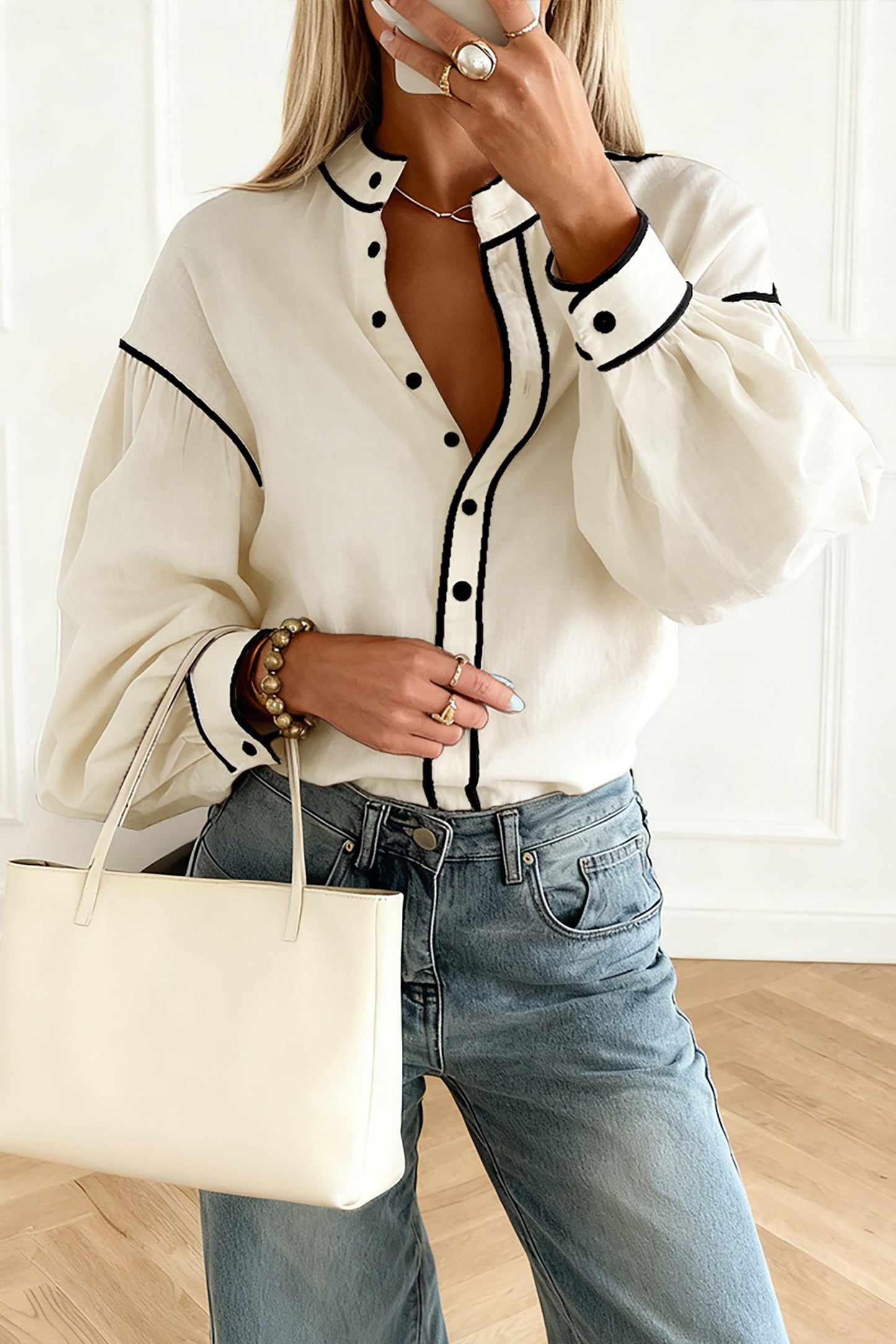 Contrast Trim Button Down Puff Sleeve Shirt