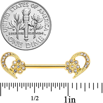 14G 9/16 Clear Gem Gold Tone Flower Heart Barbell Nipple Ring Set