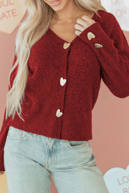 Heart Metal Button V-Neck Knit Cardigan