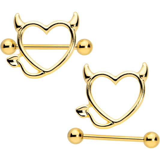 14G 5/8 Gold Tone Devil Heart Valentines Day Nipple Shield Set