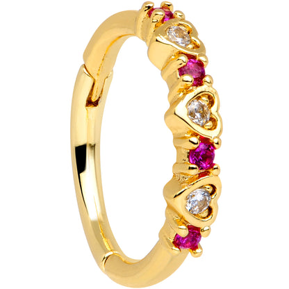 16G 3/8 Clear Red CZ Gem Gold Tone Hearts Hinged Segment Ring