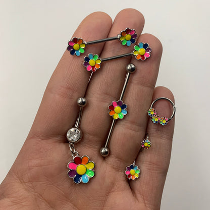 14G 5/8 Rainbow Hippie Flower Barbell Nipple Ring Set
