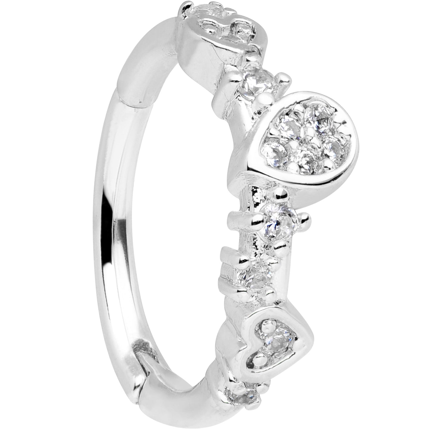 16G 3/8 Clear CZ Gem Tears Hearts Hinged Segment Ring