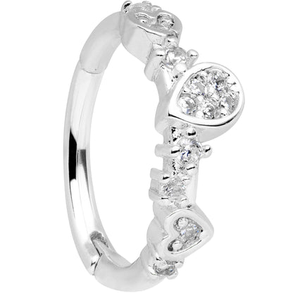 16G 3/8 Clear CZ Gem Tears Hearts Hinged Segment Ring