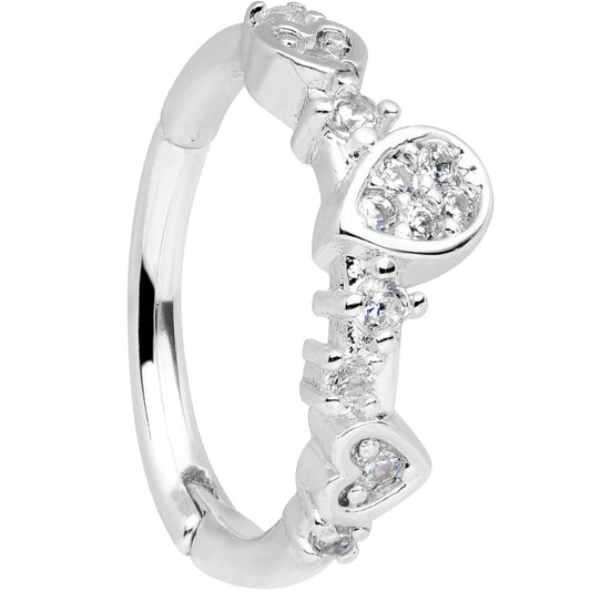 16G 3/8 Clear CZ Gem Tears Hearts Hinged Segment Ring
