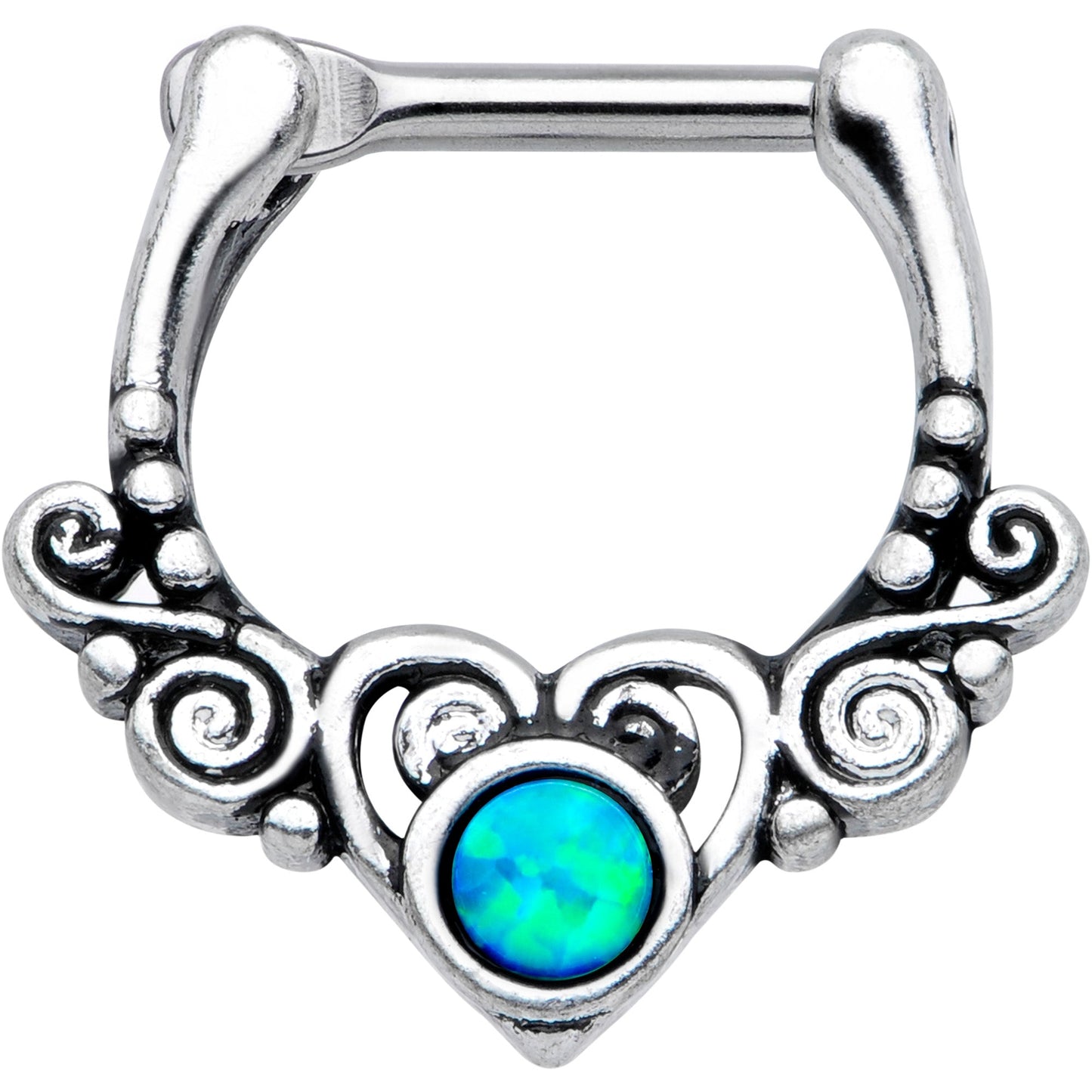 16G 3/8 Green Synthetic Opal Winged Heart Cartilage Clicker