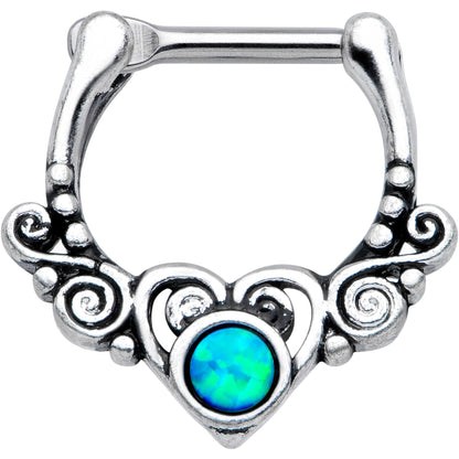 16G 3/8 Green Synthetic Opal Winged Heart Cartilage Clicker