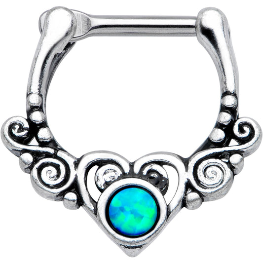 16G 3/8 Green Synthetic Opal Winged Heart Cartilage Clicker