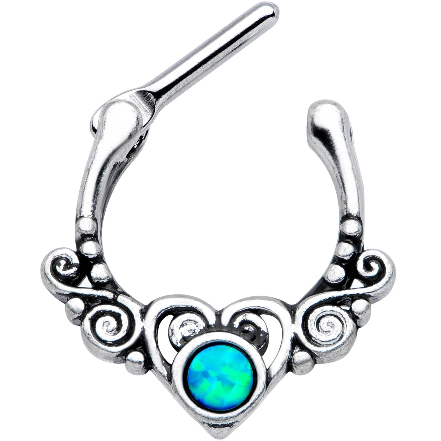 16G 3/8 Green Synthetic Opal Winged Heart Cartilage Clicker