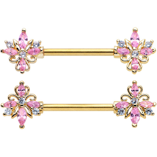 14G 9/16 Pink CZ Gem Gold Tone Pretty Barbell Nipple Ring Set