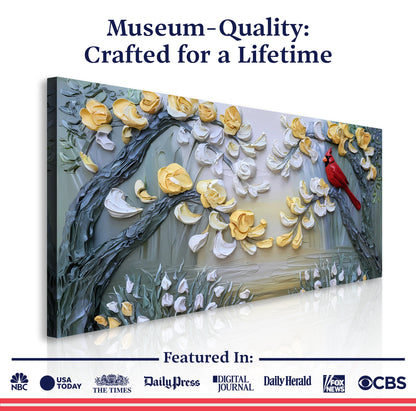 Golden Petals and Scarlet Wings Impasto Wall Art