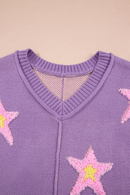 Star Graphic V-Neck Drop Shoulder Oversized Sweater