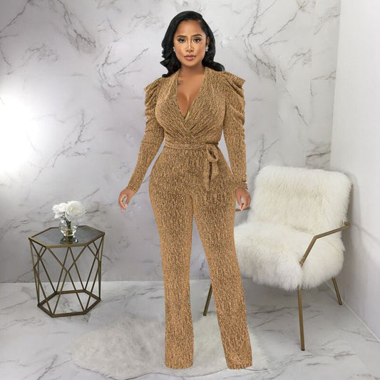 Sexy Waist Trimming V-neck Puff Sleeve Glossy Knitted Jumpsuit