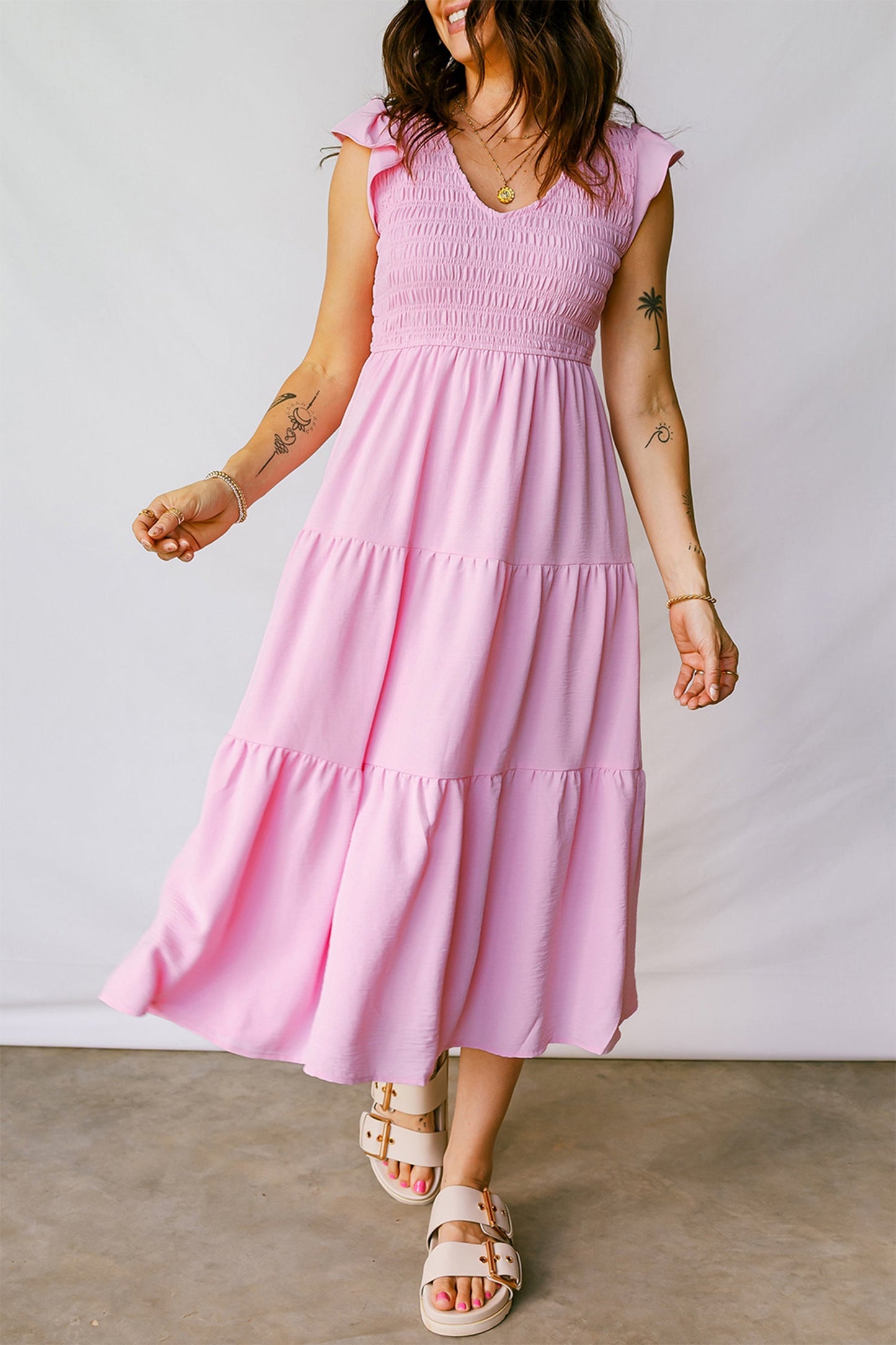 Smocked Bodice Flutter Sleeve Tiered Midi Dress