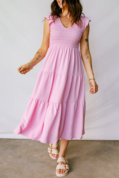 Smocked Bodice Flutter Sleeve Tiered Midi Dress