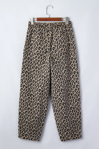 Leopard Drawstring Elastic Waist Loose Denim Pants