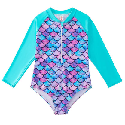 Children's Mermaid Scale One-Piece Swimsuit with Long Sleeves