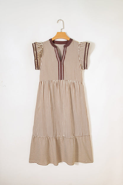 Stripe Ruffle Short Sleeve V-Neck Midi Dress