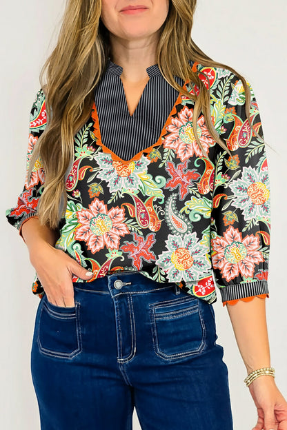 Floral Contrast Ricrac Trim Stripe Patchwork Blouse