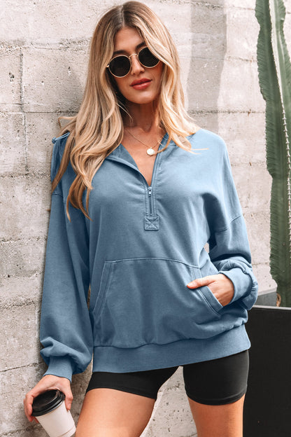 Solid Half-Zip Kangaroo Pocket Baggy Hoodie