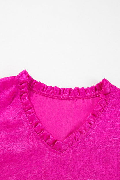 Solid Metallic V-Neck Puff Sleeve Babydoll Blouse