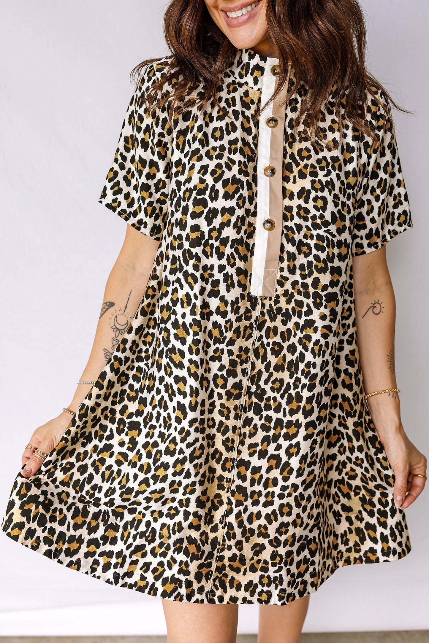 Leopard Half-Button Short Sleeve Loose Mini Dress