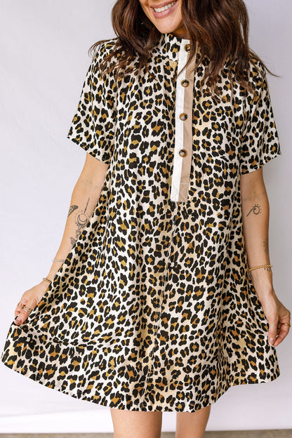 Leopard Half-Button Short Sleeve Loose Mini Dress