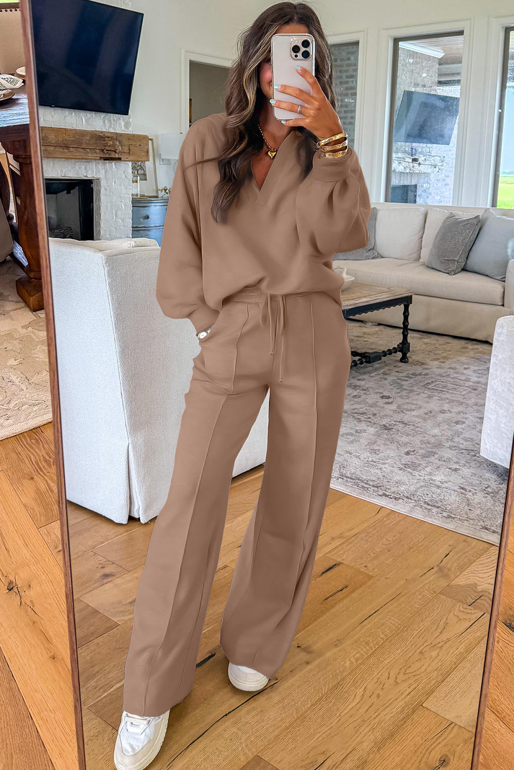 Solid V-Neck Pullover and Drawstring Sweatpants Set