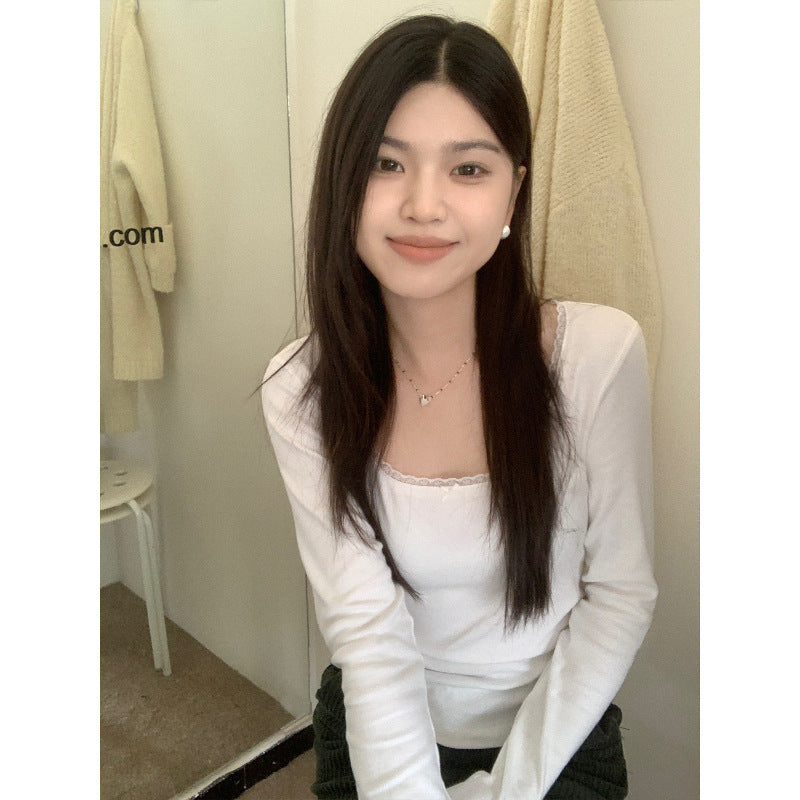 Lace Floral Shoulder Long Sleeve Slim-fit Crop Top