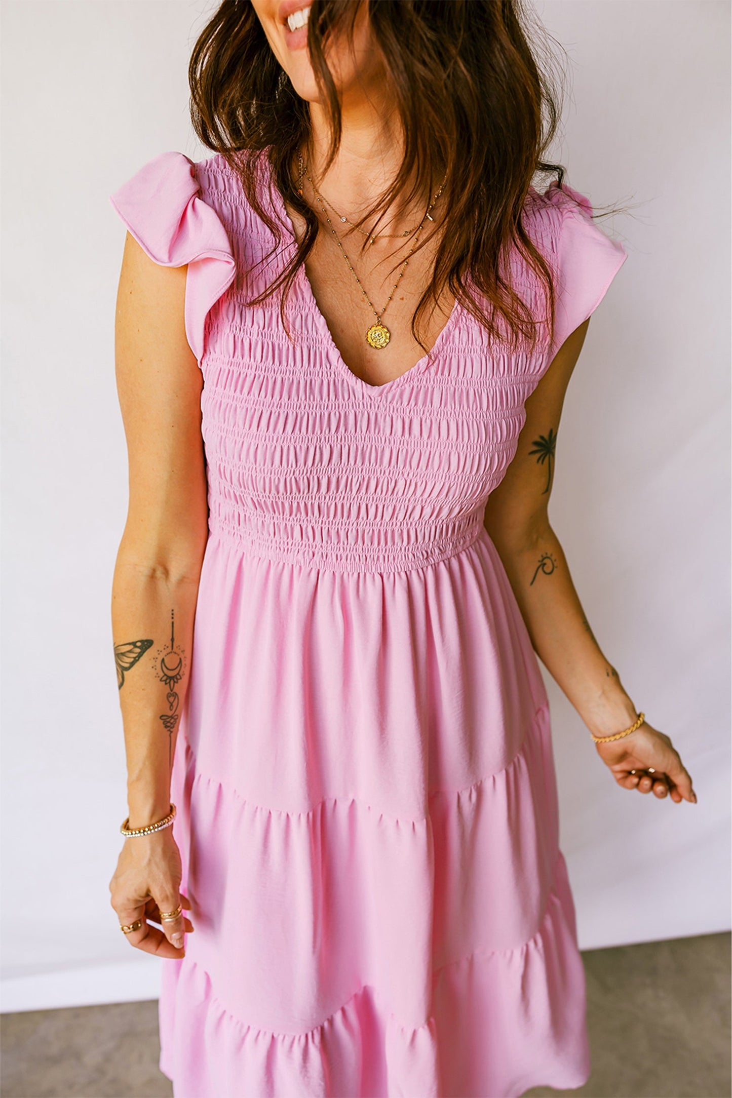 Smocked Bodice Flutter Sleeve Tiered Midi Dress