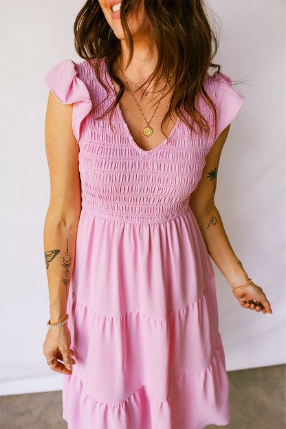 Smocked Bodice Flutter Sleeve Tiered Midi Dress