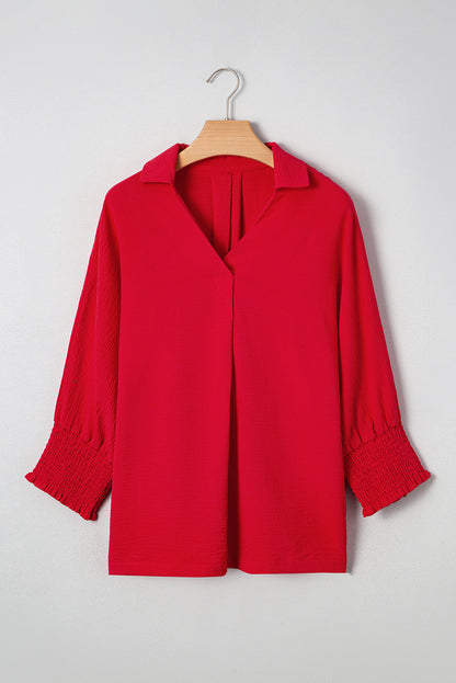 Solid Collared V-Neck Smocked 3/4 Sleeve Top