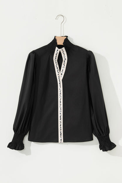 Leopard Trim V-Neck Puffy Flounce Sleeve Blouse