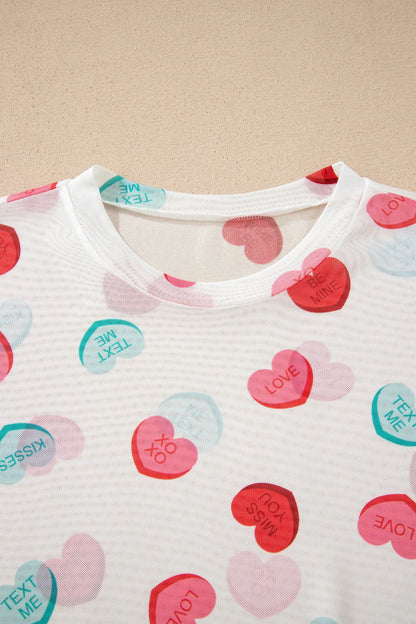 Valentine Slogan Heart Mesh Long Sleeve Top
