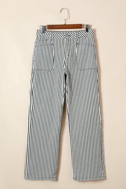 High Waist Stripe Patch Pocket Denim Jeans