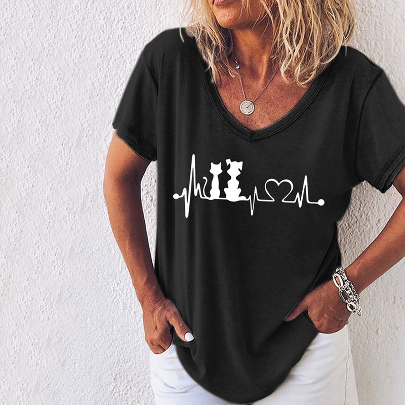 Cross-Border 3D Printed Loose V-Neck T-shirt for Women