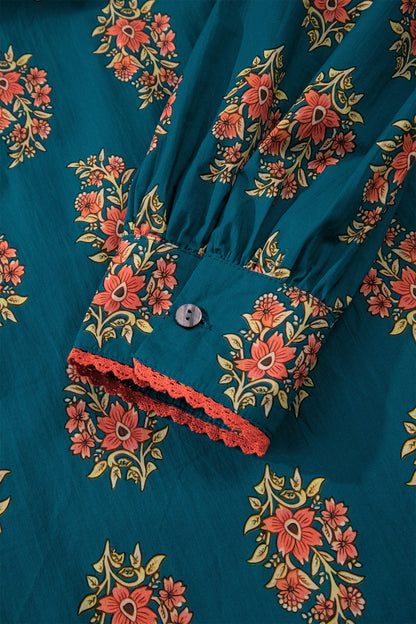 Plus Size Floral Lacy Trim Pleated Shirt