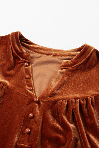 Velvet Lantern Sleeve Beaded V-Neck Blouse