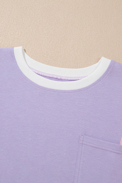 Colorblock Patchwork 3/4 Sleeve Chest Pocket T-Shirt