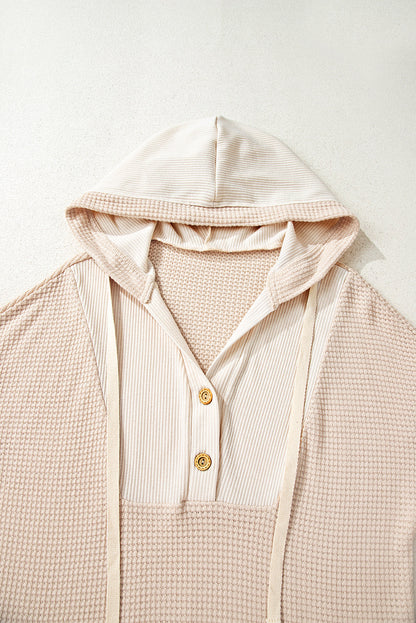 Waffle Patchwork Drop Shoulder Long Sleeve Hooded Top