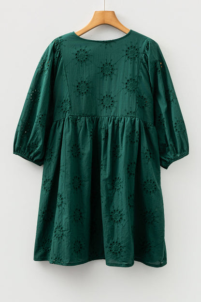 Solid Embroidered Eyelet 3/4 Sleeve Mini Dress