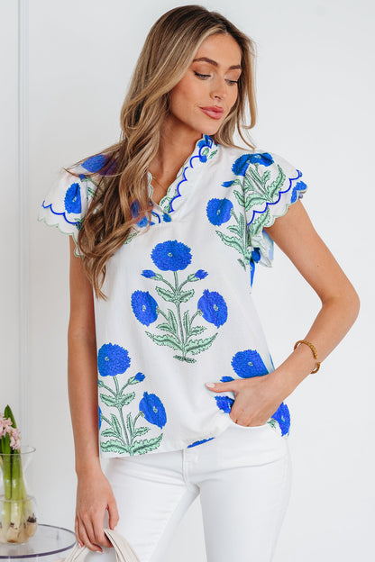Wild Flower Contrast Trim Scallop Short Sleeve Blouse