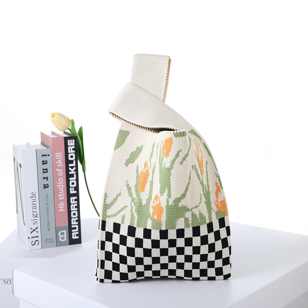 Checkerboard Knitted Shopping Tote