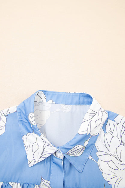 Floral Button-Up Pleated Puff Sleeve Shirt