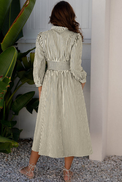 Stripe V-Neck Zip Front Midi Dress